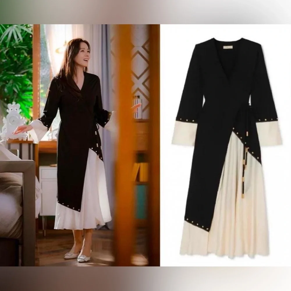 NWT $698 Tory Burch Mixed-Material Wrap Dress In Black